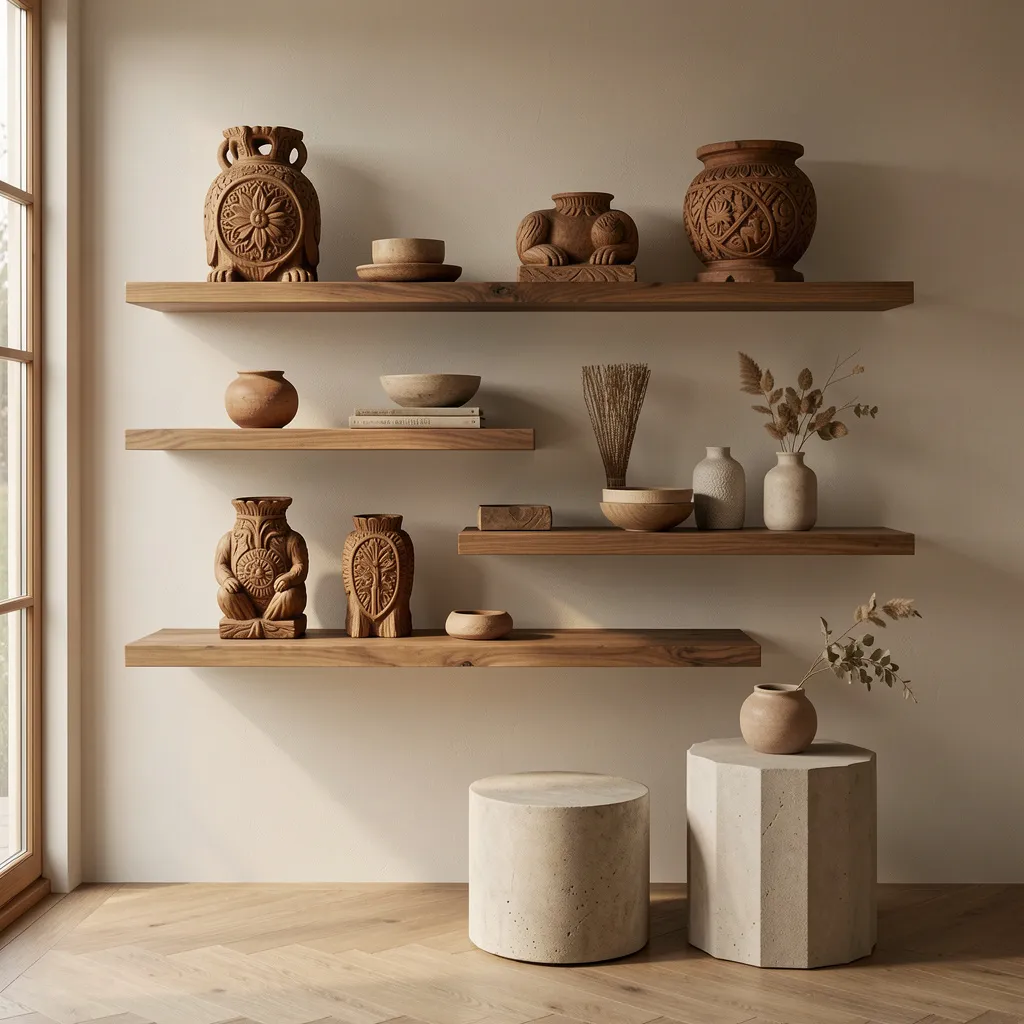 Rustic living room with wooden sculptures and natural textures