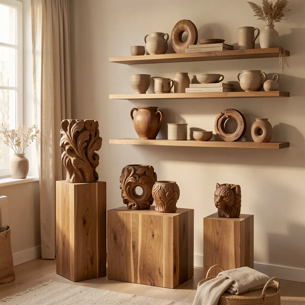 Contemporary office space with wooden sculptures