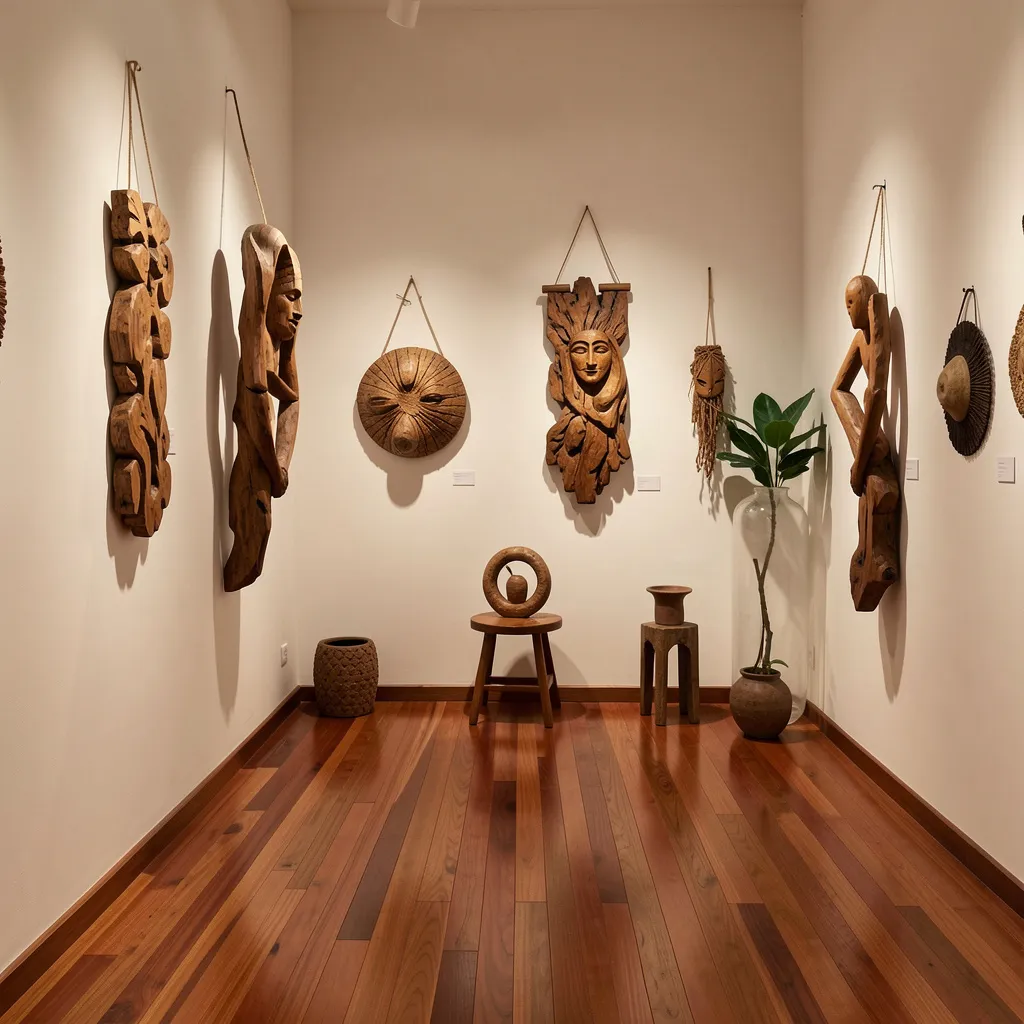 Reading nook with small wooden sculptures and natural light